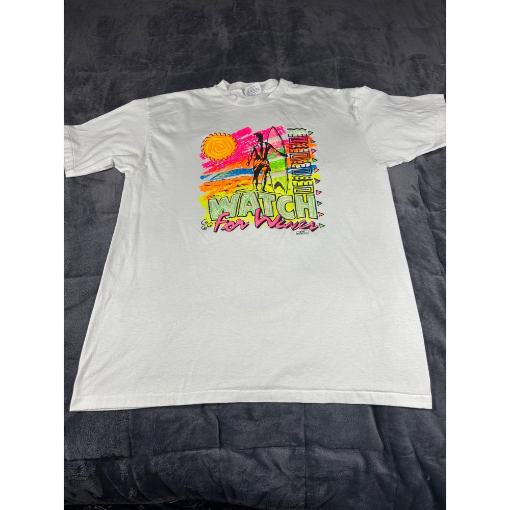 Vintage 1989 Hanes Fifty-Fifty Watch for Waves Neon Surfer T-Shirt XL White 80s
